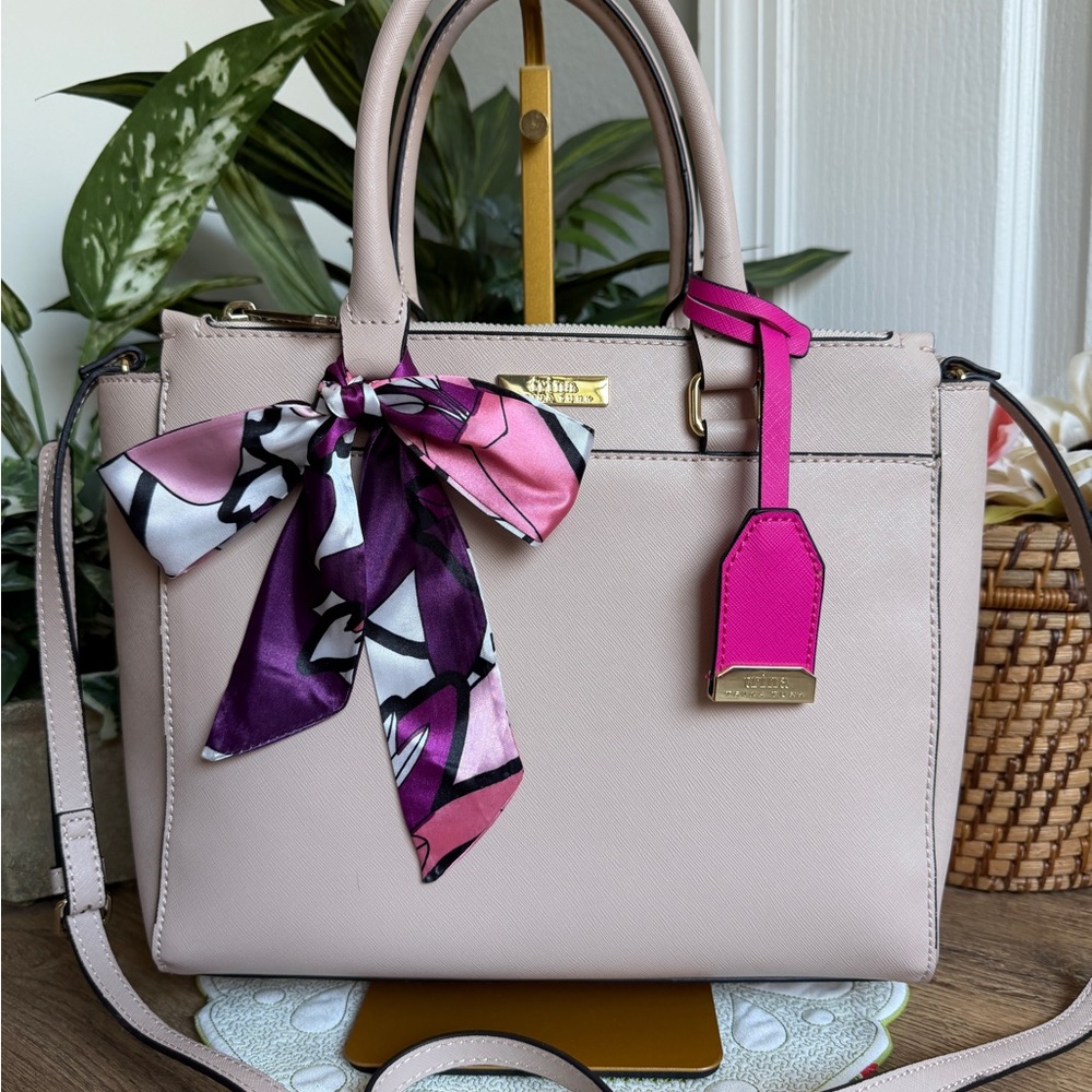 Trina Turk Vegan Leather Satchel Crossbody Bag in Nude w/Black Trim